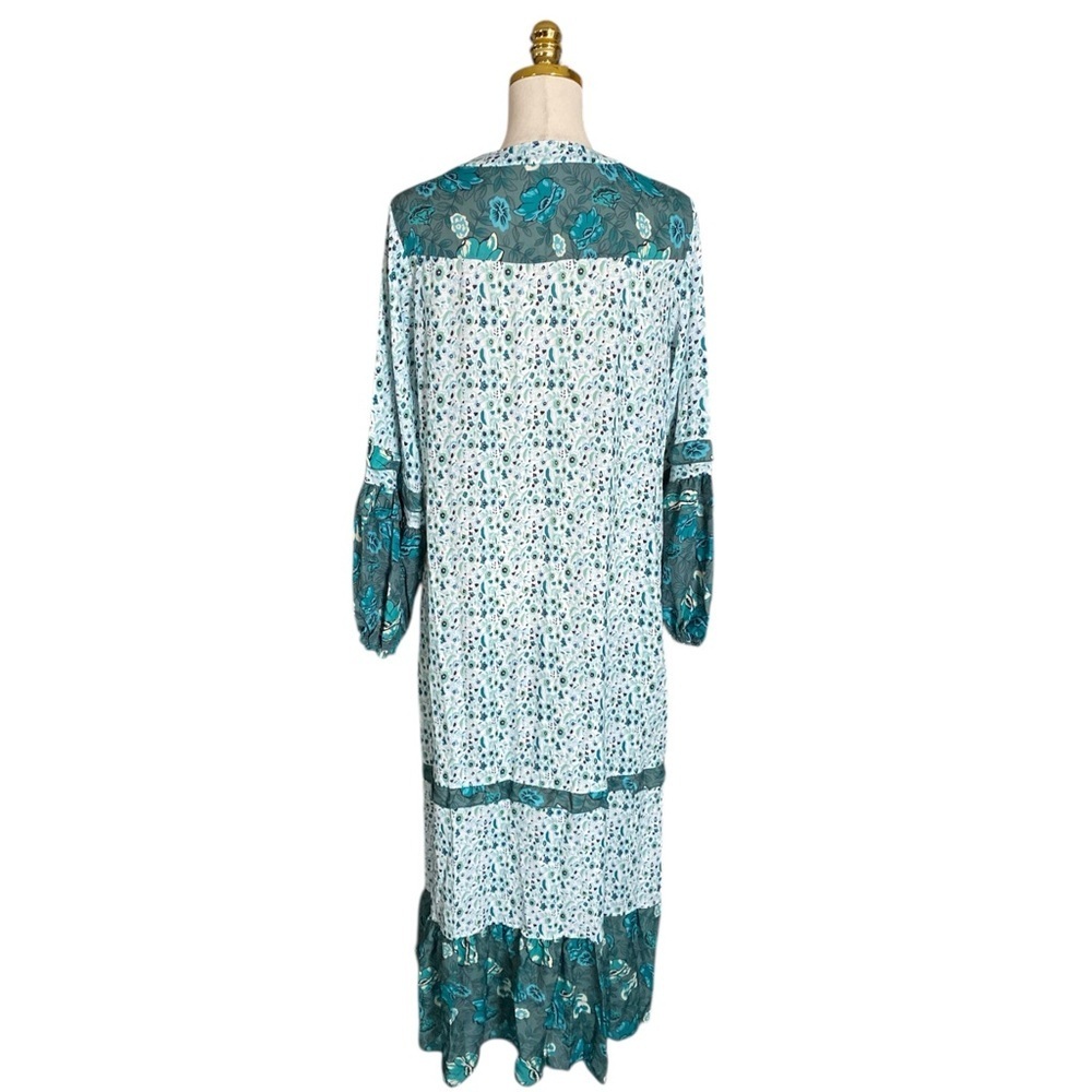 Retro Bohemian Green and White Floral Flowy Beach Vacation Maxi Dress Size XL - Picture 8 of 10